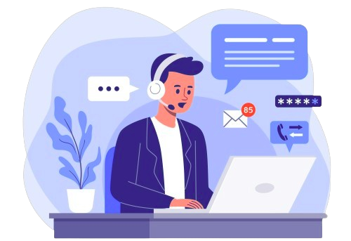 Ilustración de consultor atendiendo a cliente por videoconferencia