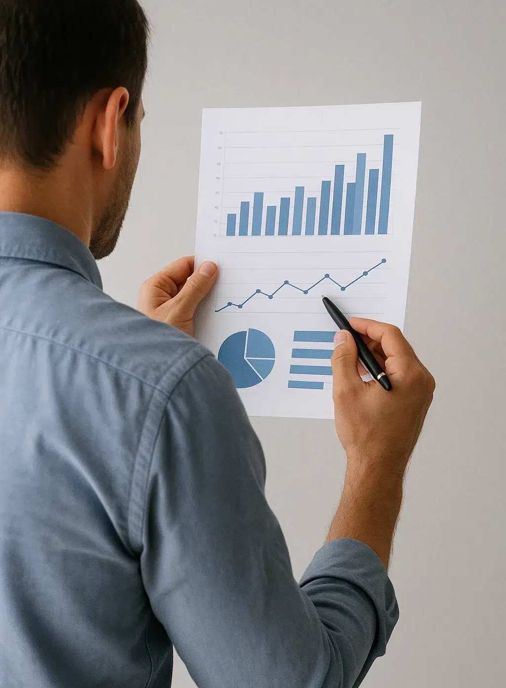 Hombre revisando gráficos y datos en papel.